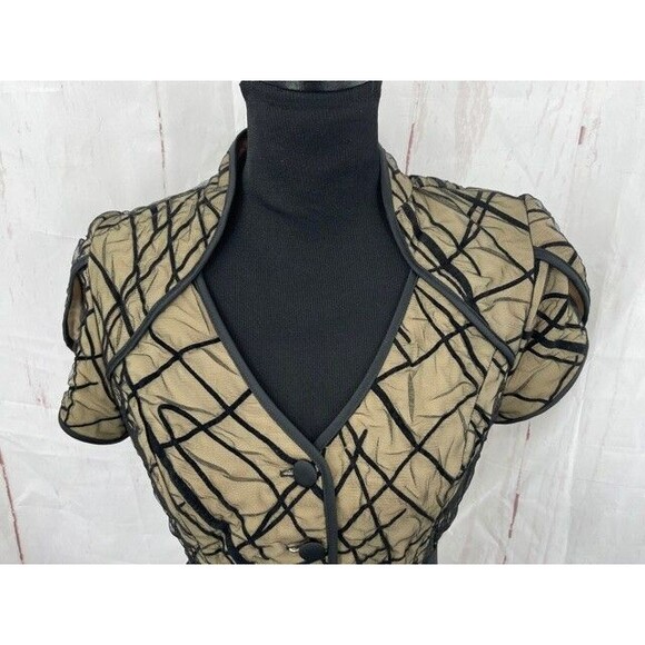 JS Collection Womens Blouse Size 10 Beige Black Button Front Black Ribbon Belt - Picture 2 of 5
